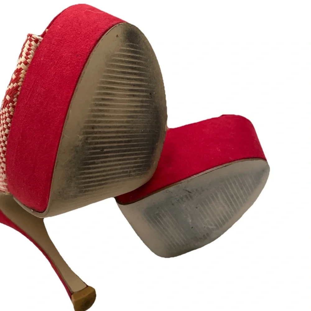Shoe Dazzle Red and Cream Woven Platform Pumps with High Stiletto